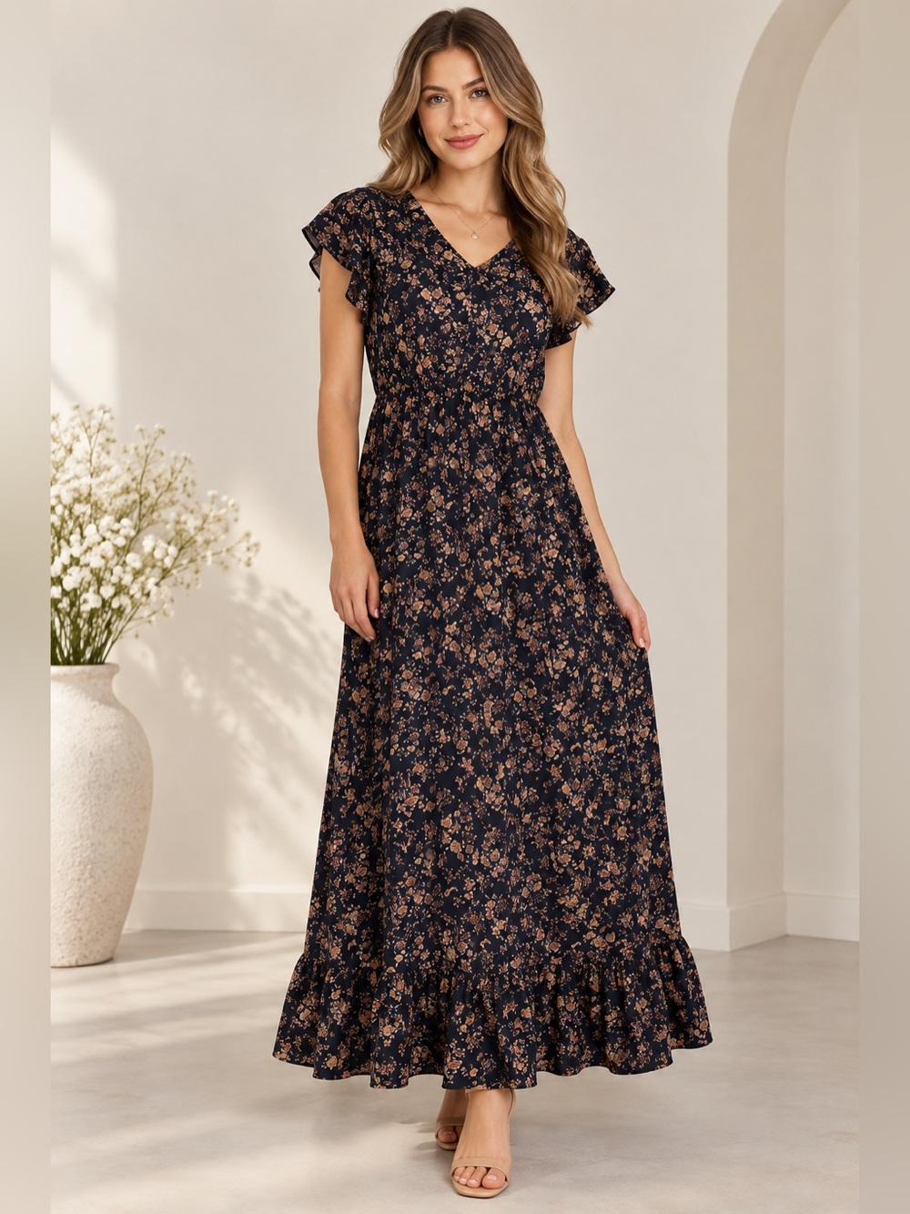 SHEIN Navy Floral Maxi Dress Size L 8/10